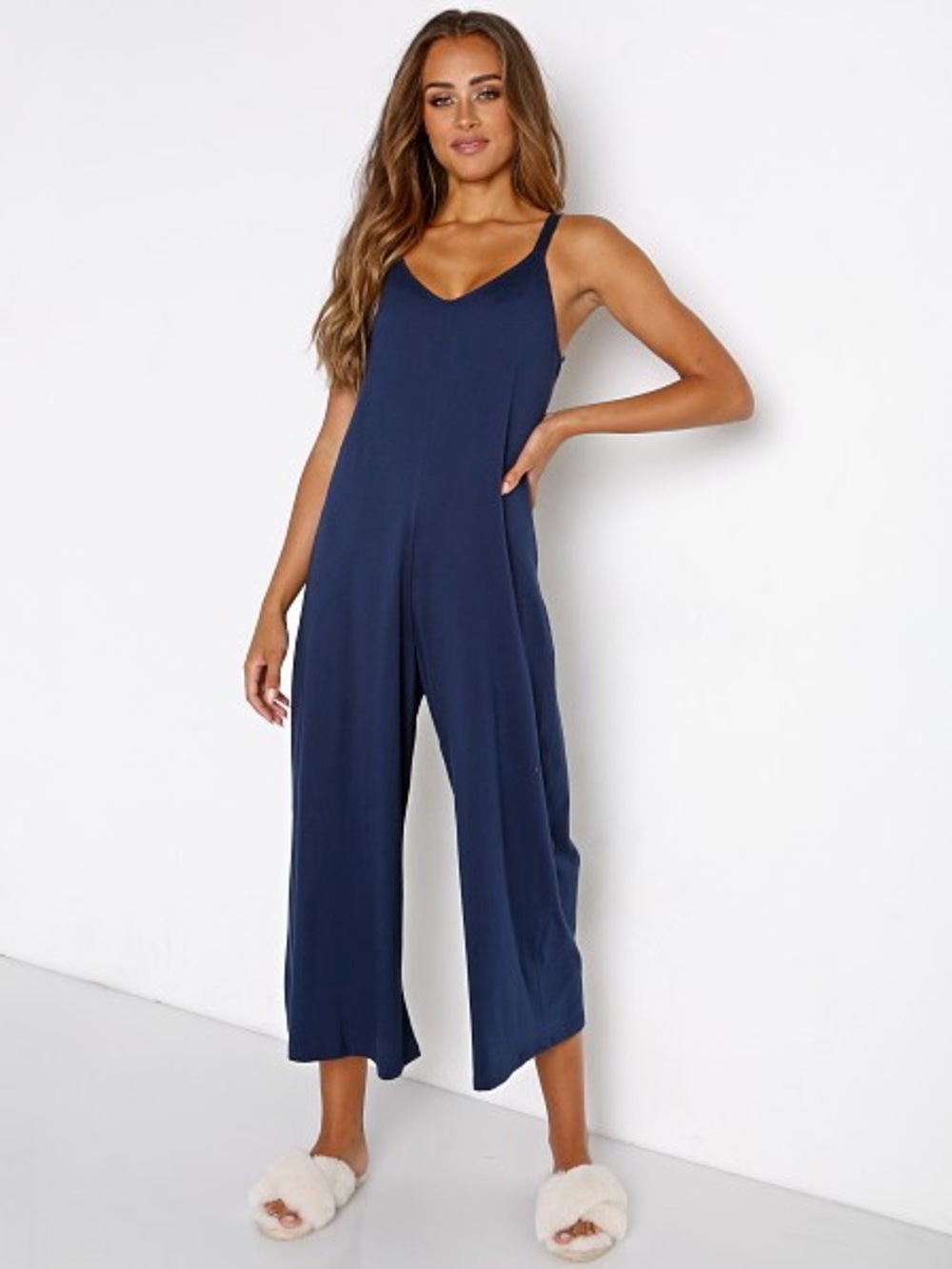 Eberjey Charlie Lounge Jumpsuit Navy Blue Pima Cotton Wide Leg Size M